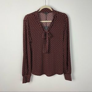 Adrianna Papell Womens Blouse Black Printed Tie Neck Long Sleeve Size